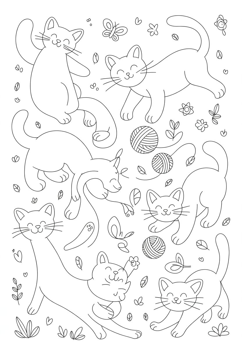 Coloring Pages Cute Ideas for Kids: 21 Engaging Designs to Inspire Creativity 24 A group of playful cats in different poses surrounded by butterflies and flowers.